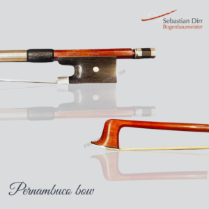 Close-up of a Pernambuco bow with wooden shaft and frog, reflected on a light gray surface; Sebastian Dirr Bogenbaumeister logo in the corner.