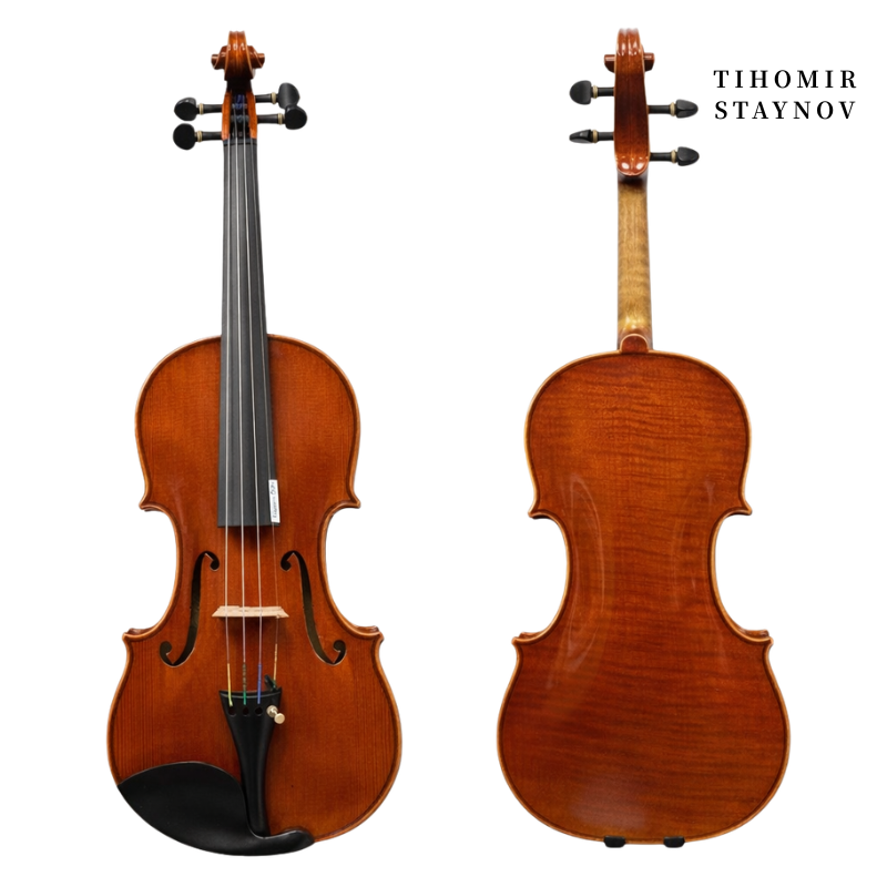 Two violins shown from the front and back against a white background, with a 'Tihomir Staynov' logo on the top right.