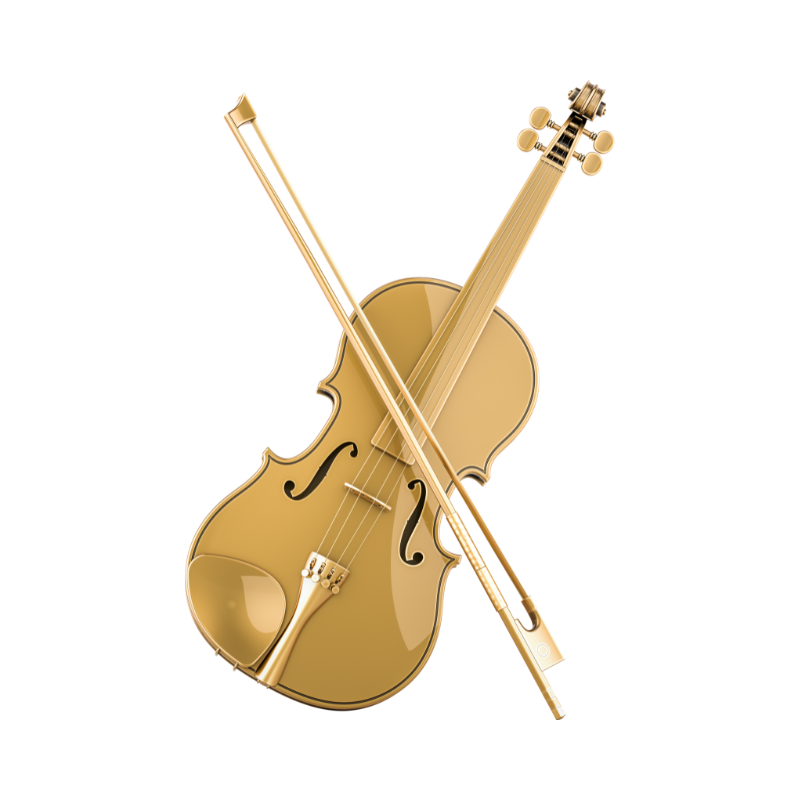 Golden violin with bow crossed over it on a white background