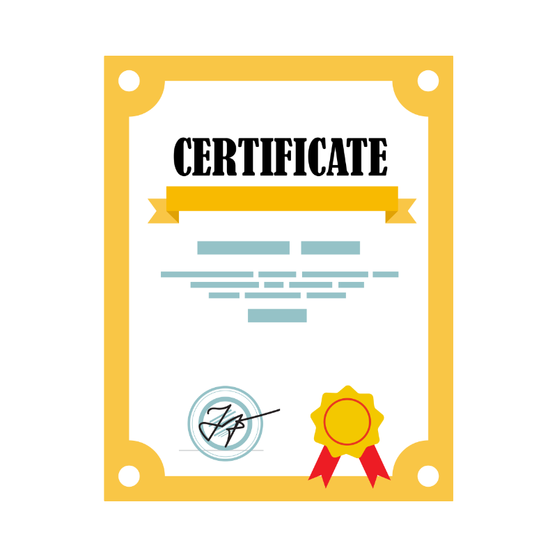 Gold-bordered certificate featuring a yellow ribbon and official seals, conveying achievement or accreditation