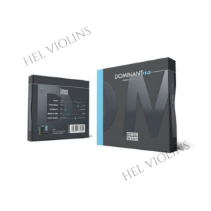 11 Two Dominant Pro violin string boxes: a larger closed box with a blue edge and a smaller opened box showing specifications, set against a white background.