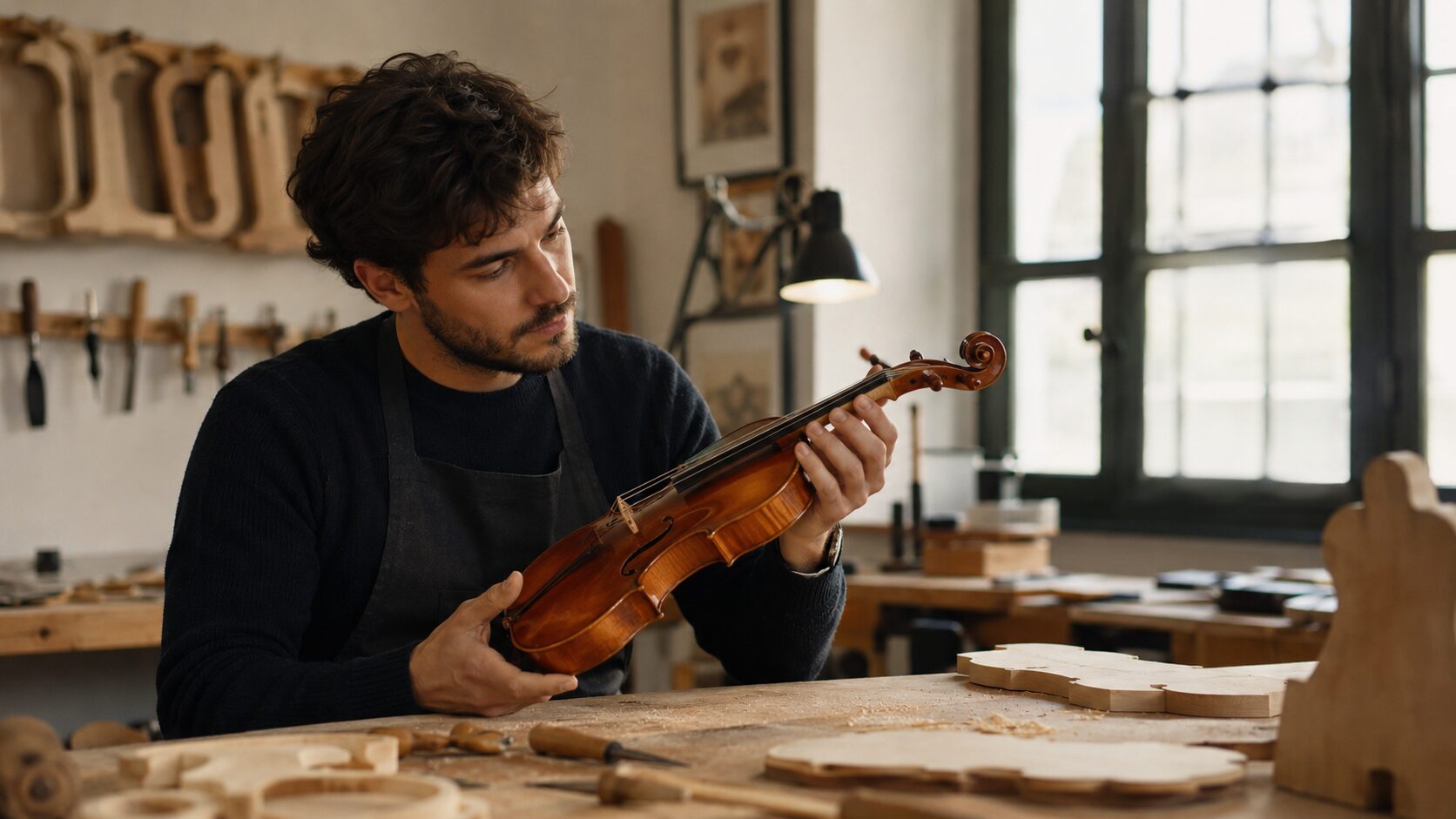 意大利學徒 | 希爾提琴 HEL Violins A polished violin on a stand in a dim museum gallery, warm lighting highlighting the instrument's wood grain.