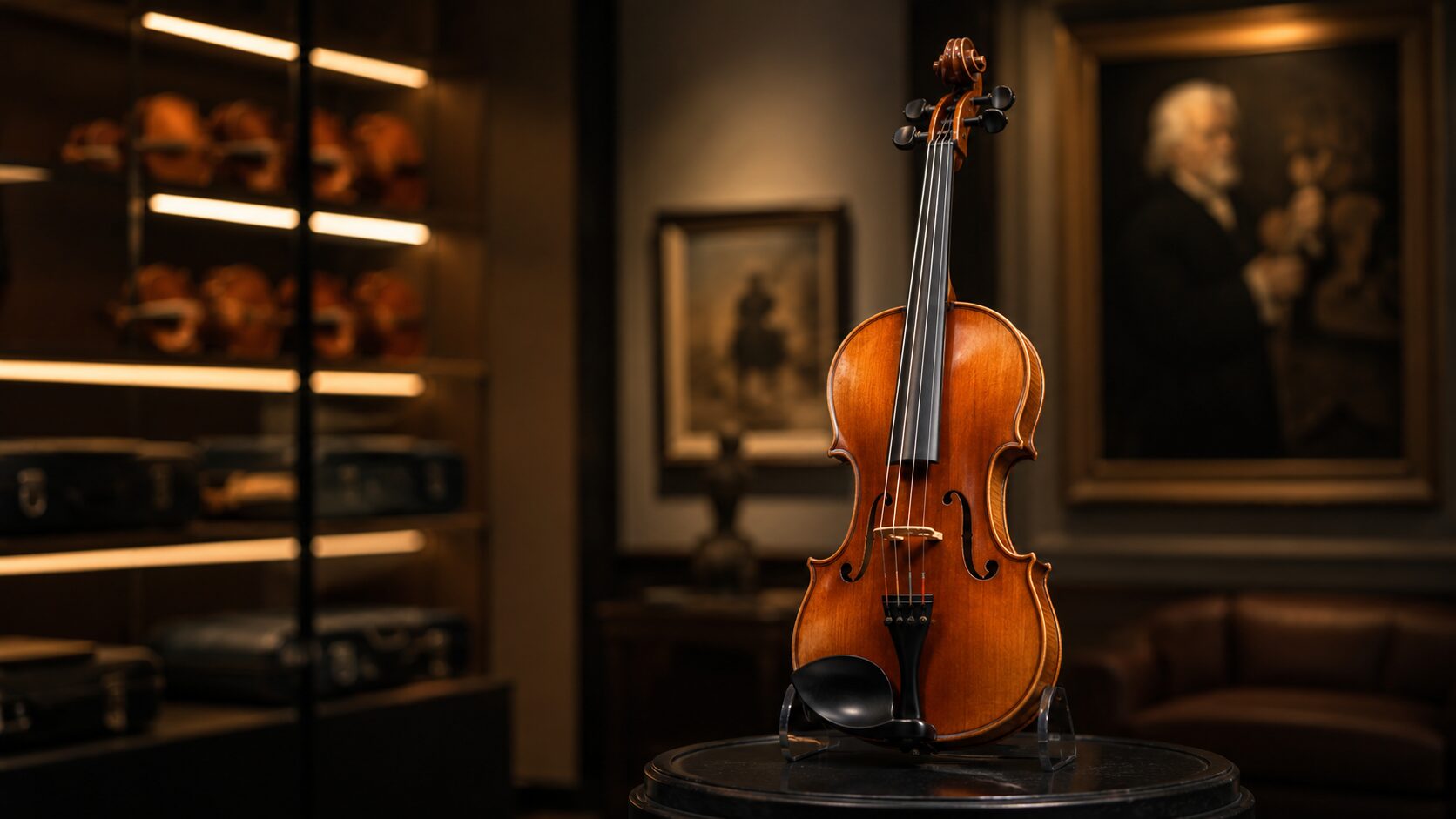 意大利 | 希爾提琴 HEL Violins A polished violin on a stand in a dim museum gallery, warm lighting highlighting the instrument's wood grain.