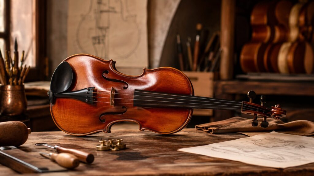 意大利琴封面 | 希爾提琴 HEL Violins Violin resting on a wooden workbench in a luthier's workshop, with tools and sketches in the background.