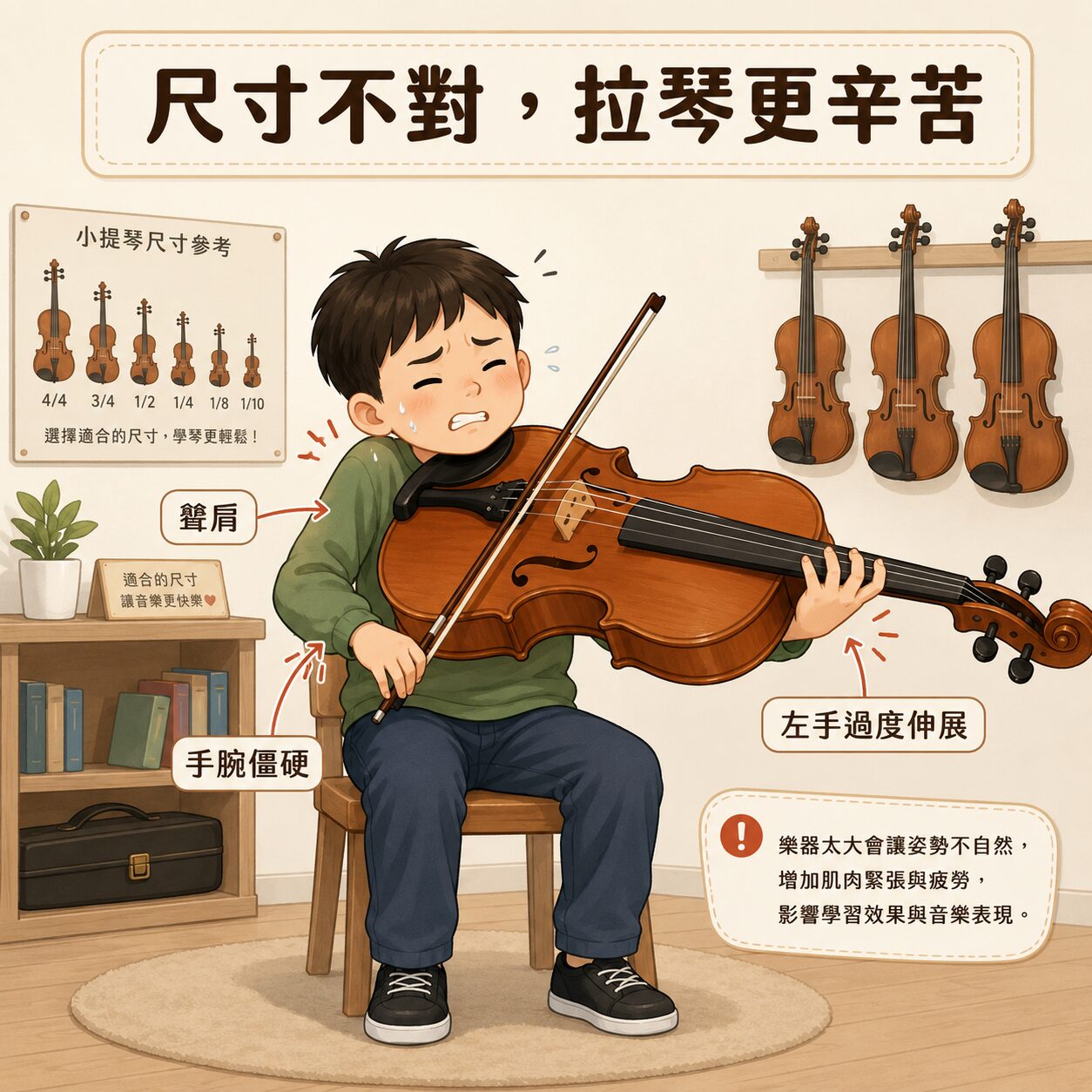 0600bbf6-9251-4cbe-94e4-794ba4dbd8b7 | 希爾提琴 HEL Violins Boy seated and crying while playing cello; classroom setting with size chart and violins on the wall, arrows pointing to posture tips.