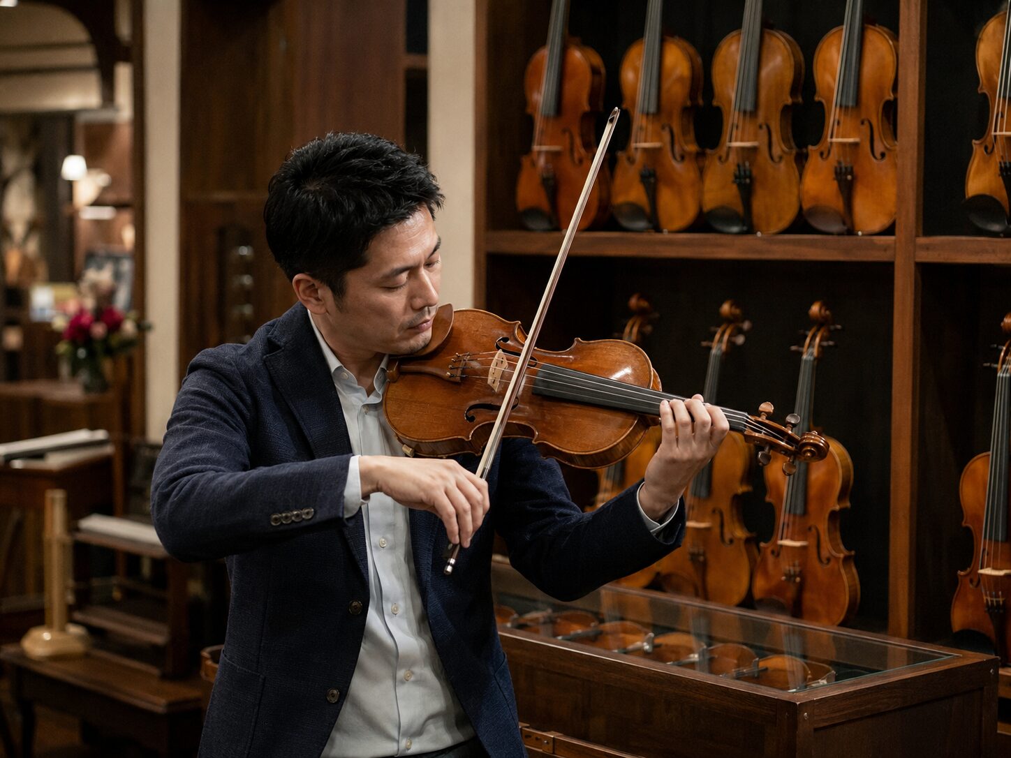 Man in a navy blazer plays a violin in a violin shop, with rows of violins on wooden shelves behind him.