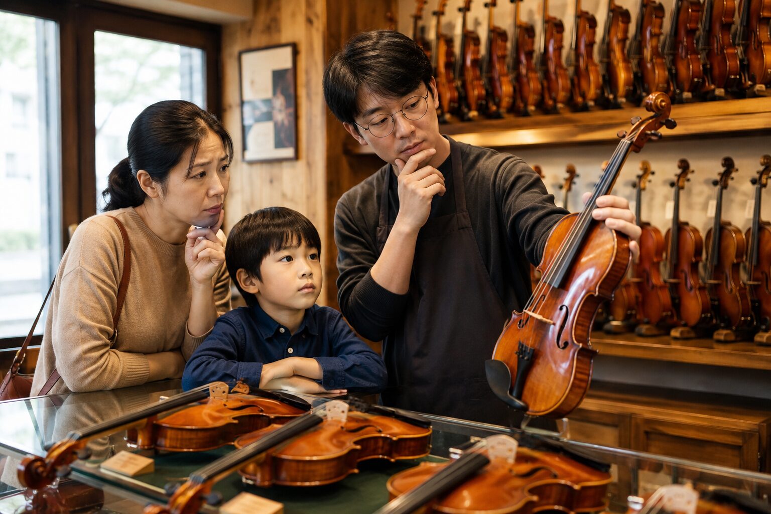 A mother and her young son watch a man in a shop holding a violin, as if learning about instruments together in a violin shop showroom.