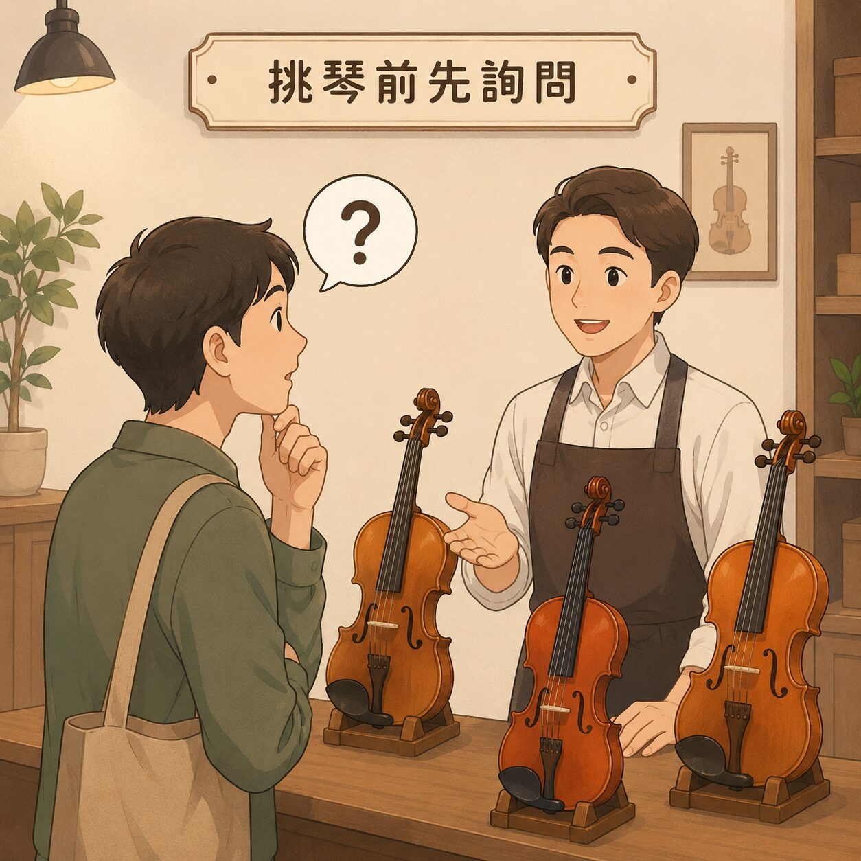 A musician wearing an apron explains violin options to a customer in a shop, with three violins on the counter and a sign in the background that reads Chinese characters.