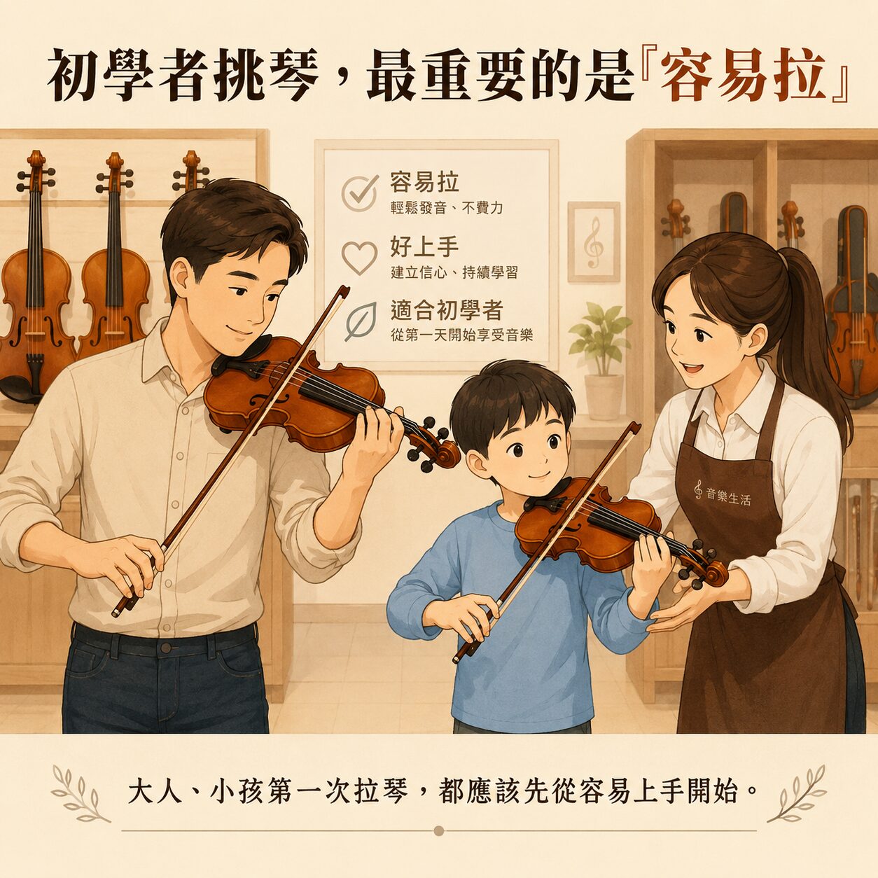4c48dccb-5447-4eb3-b27a-614d72002bf9 | 希爾提琴 HEL Violins Father and son learning to play violin with a female instructor in a violin shop.