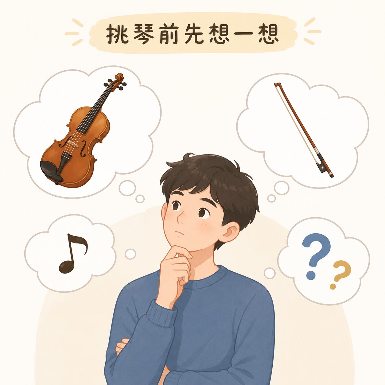 Young person thoughtfully considering which musical instrument to choose, with thought bubbles showing a violin, a bow, a musical note, and question marks (infographic about picking an instrument)