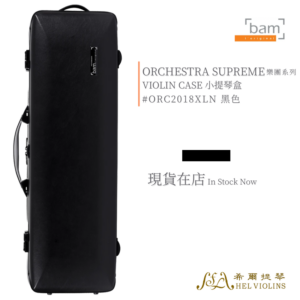 Tall black violin case standing upright with a side handle, Bam logo visible near the top and Helviolins branding at bottom right.