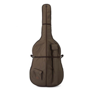 Brown soft guitar case shaped like a guitar with a long neck, zipper along the front, and multiple pockets on the body.