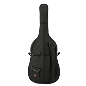 Black soft guitar case with external pockets and carrying straps, ready for transport.