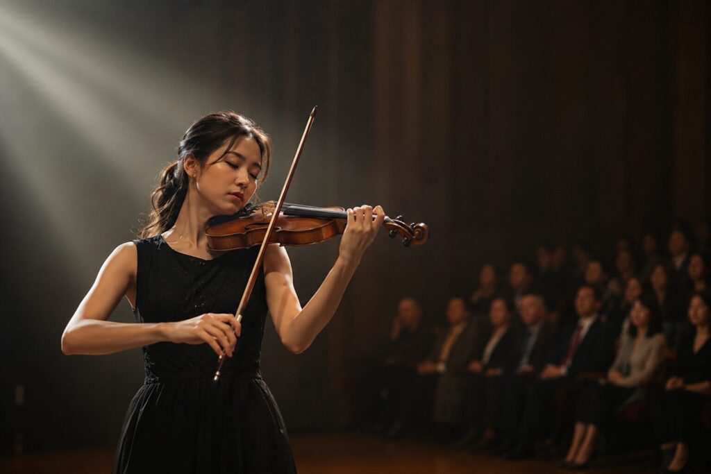 c0283442-3714-49ae-b2ac-4dc756d30068 | 希爾提琴 HEL Violins Violinist in a black dress performing on stage under a spotlight, with an attentive audience in the background.