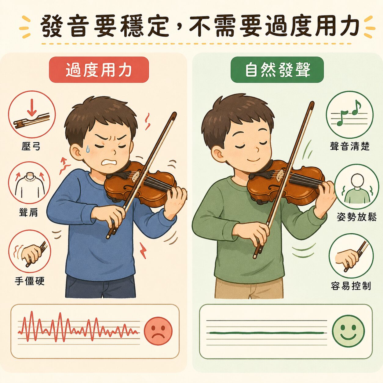 efcc3202-6b03-41f8-bfe1-a5ac65aceba5 | 希爾提琴 HEL Violins Two-panel illustration about proper violin technique: left panel shows a child squeezing the bow with downward arrows, sweating and frowning, labeled '過度用力' (excessive force); right panel shows a calm child holding the bow with relaxed posture, musical notes and a happy cue, labeled '自然發聲' (natural sound). Bottom shows a red sad line graph on the left and a green flat line on the right to indicate strain vs ease.