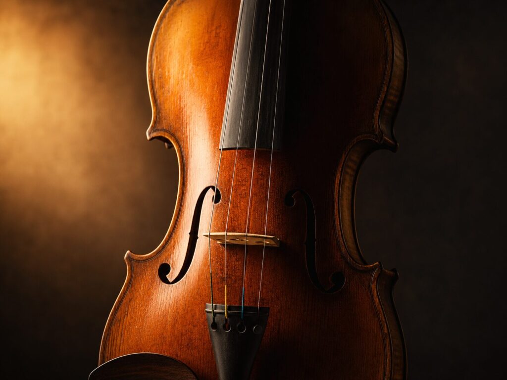 f9f7a466-795e-4f15-b3e0-77a8fb93b27c | 希爾提琴 HEL Violins Close-up of a violin's carved wooden body, strings, f-holes, and bridge lit warmly against a dark background.