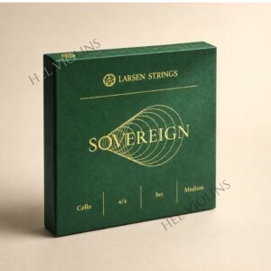 Green box of Larsen Strings Sovereign cello strings, 4/4 set with medium tension.