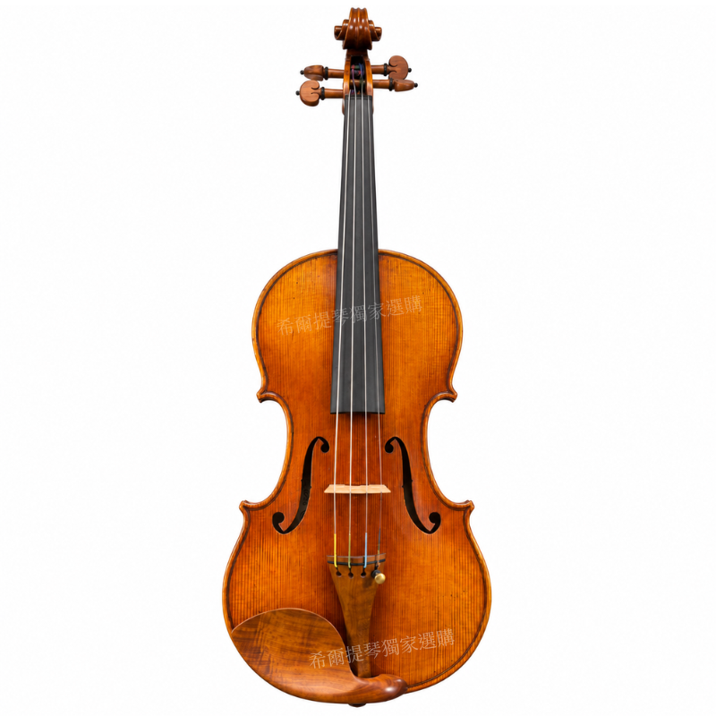 Marcello Villa | 希爾提琴 HEL Violins Full view of a wooden violin with amber finish against a white background, showing its body, neck, and f-holes.